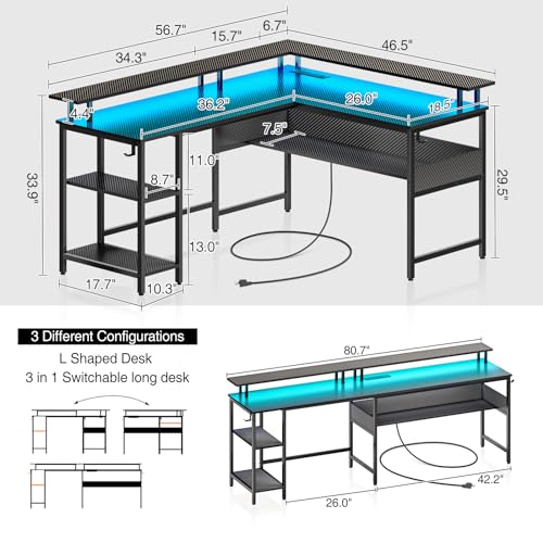 Rolanstar Computer Desk 56.7" with LED Lights and Power Outlets, Carbon Fiber Surface, Reversible L Shaped Gaming Desk with Monitor Stand