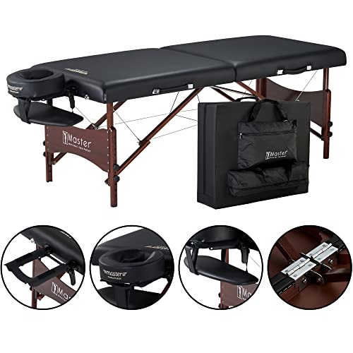 Master Massage Newport Portable Massage Table Package with Denser 2.5" Cushion, Walnut Stained Hardwood, Steel Support Cables, Pillows & Accessories