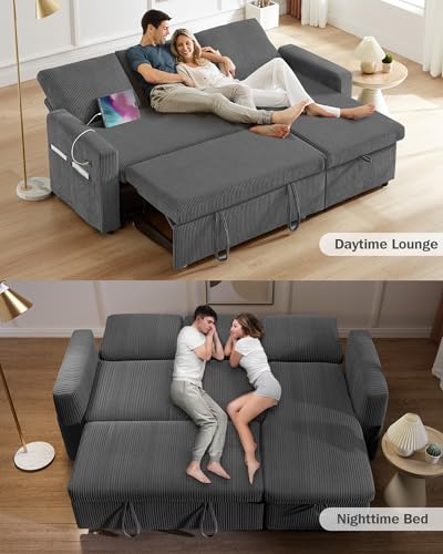 81" Sleeper Sofa Bed with Pull Out Bed, L Shaped Couch Sectional Sleeper Sofa, Pull Out Couch with Reclining Backrest, Reversible Storage Chaise