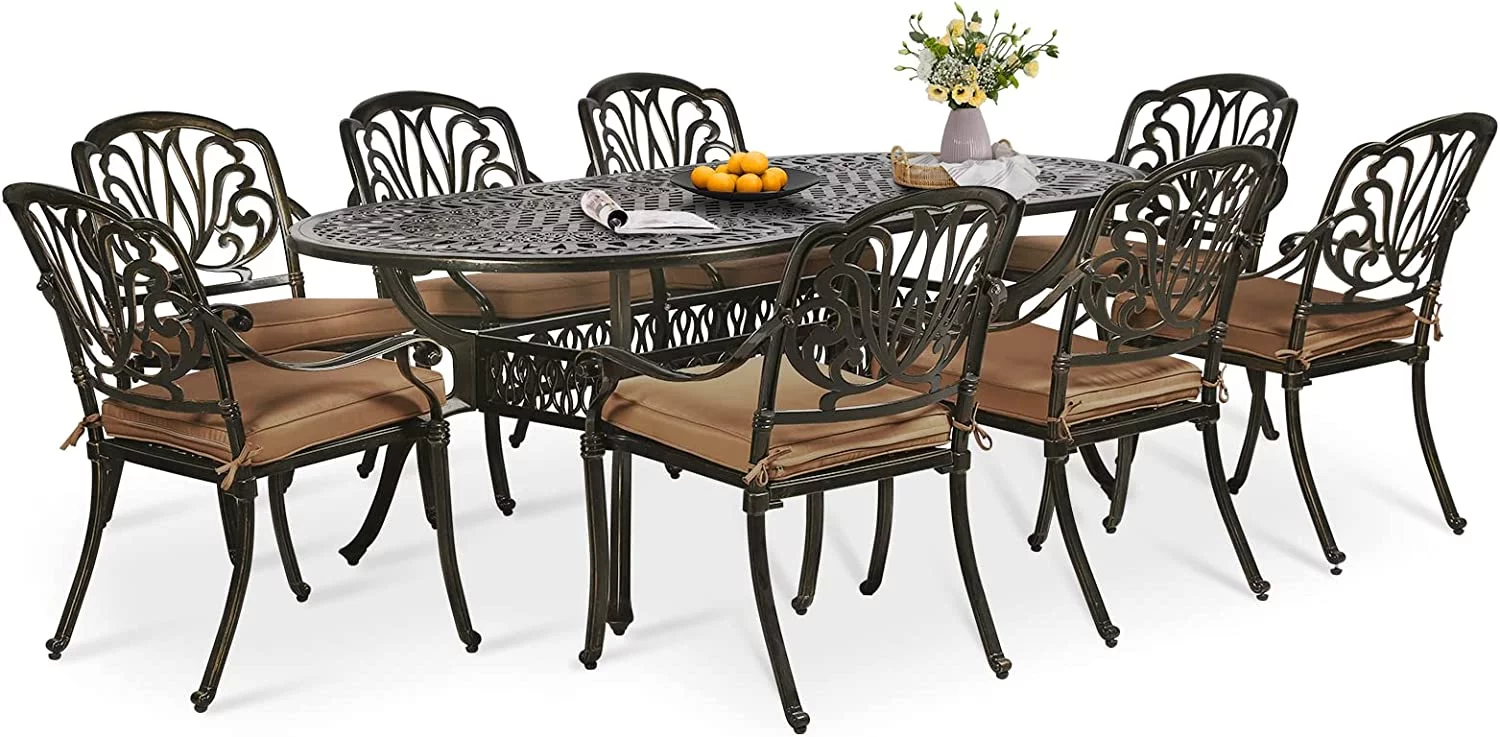 W WARMHOL 9-Piece Patio Dining Set, Outdoor Patio Set of 83.8" Oval Cast Aluminum Dining Table with Umbrella Hole and 8 Outdoor Dining Cushion Chairs