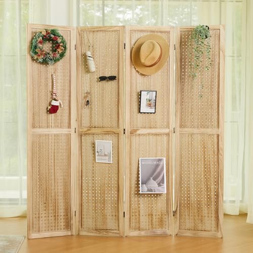 Pegboard Display, 5.6Ft Wooden Room Divider Folding Privacy Screens Portable Freestanding Wall Organizer for Retail Craft Art Display Board (4panels