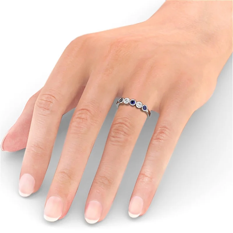 0.50 Ct Round Cut Real Diamond Blue Sapphire Beautiful Eternity Band for Women 14K White Gold Size 11