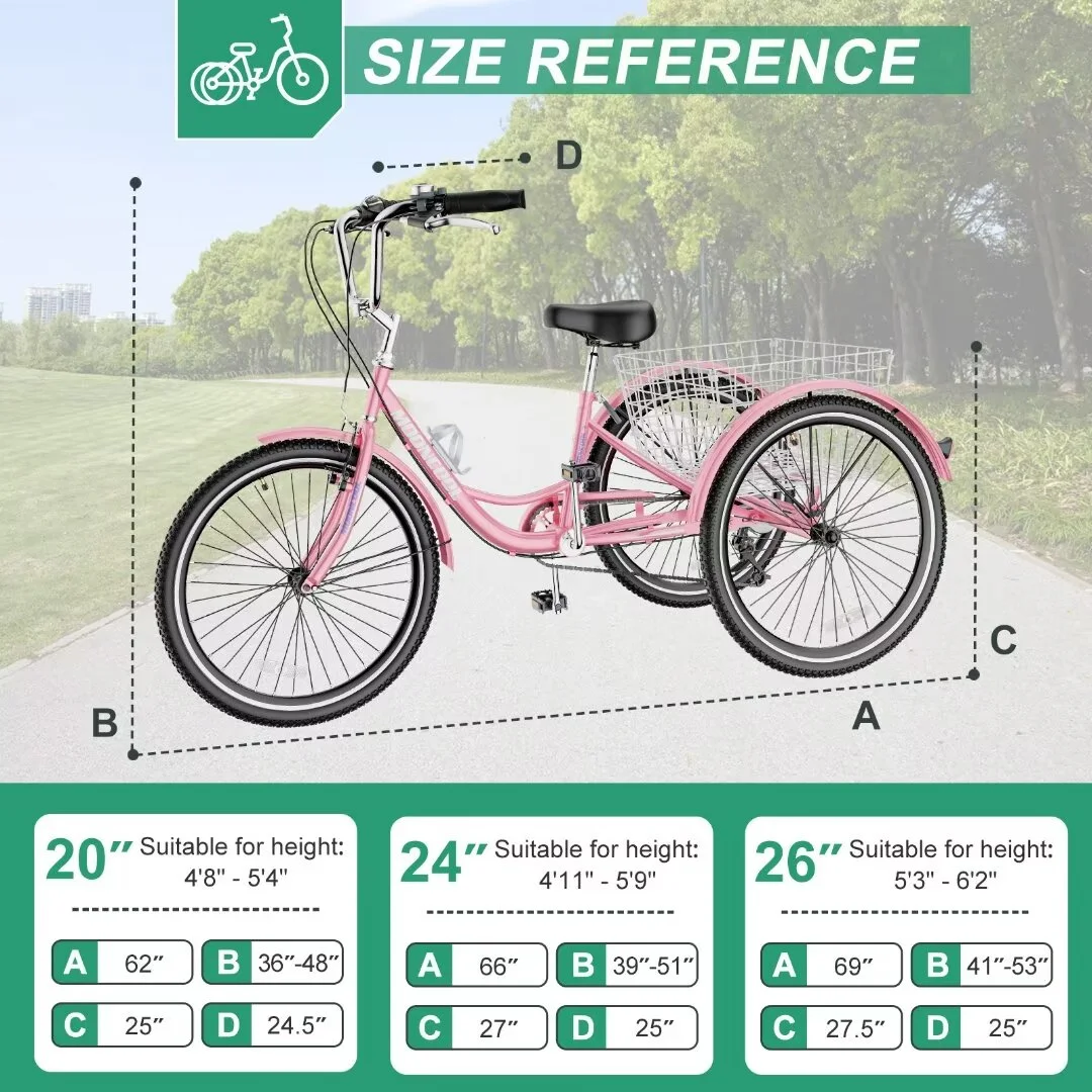 Docred Adult Tricycle 7 Speed 24 Inch Three Wheel Bike Cruiser Trike for Men/Women/Seniors