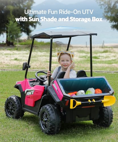 ELEMARA 24V Ride on Toy for Big Kid,Ride on Car 2 Seater w/Sun Shade,Dump Bed & Shovel,4.5MPH,4WD Electric Car for Kids,Battery Car w/Remote