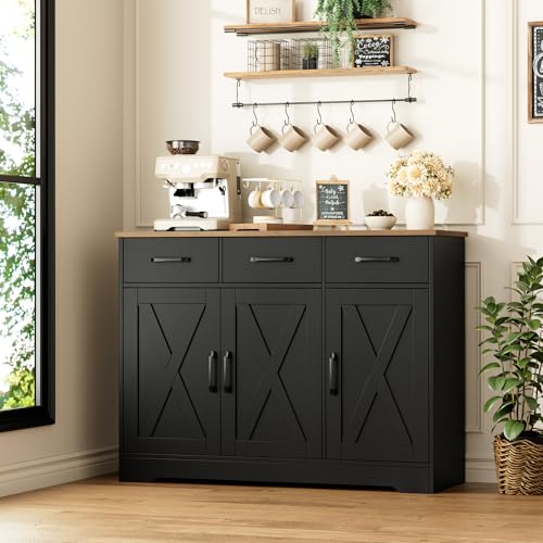 HOSTACK Modern Farmhouse Sideboard Buffet Cabinet, Barn Doors Buffet Storage Cabinet with Drawers and Shelves