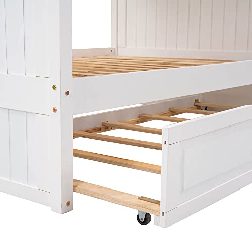 Ball & Cast Twin-Over-Twin Bunk Bed with Twin-Size Trundle and 3 Storage Stairs,Wood Bunkbed w/Full-Length Guardrails,Slat Support