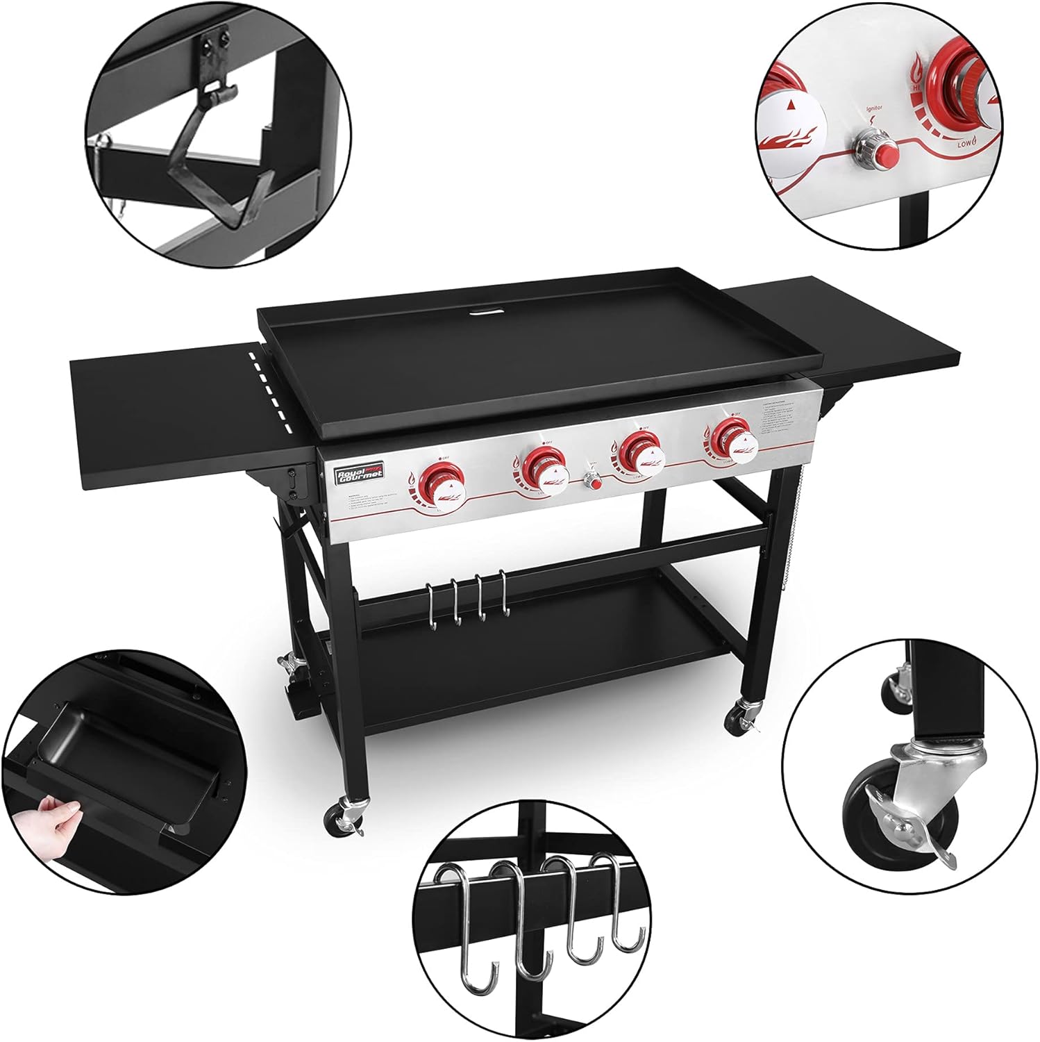 Royal Gourmet GB4000 36-inch 4-Burner Flat Top Propane Gas Grill Griddle, for BBQ, Camping, Red