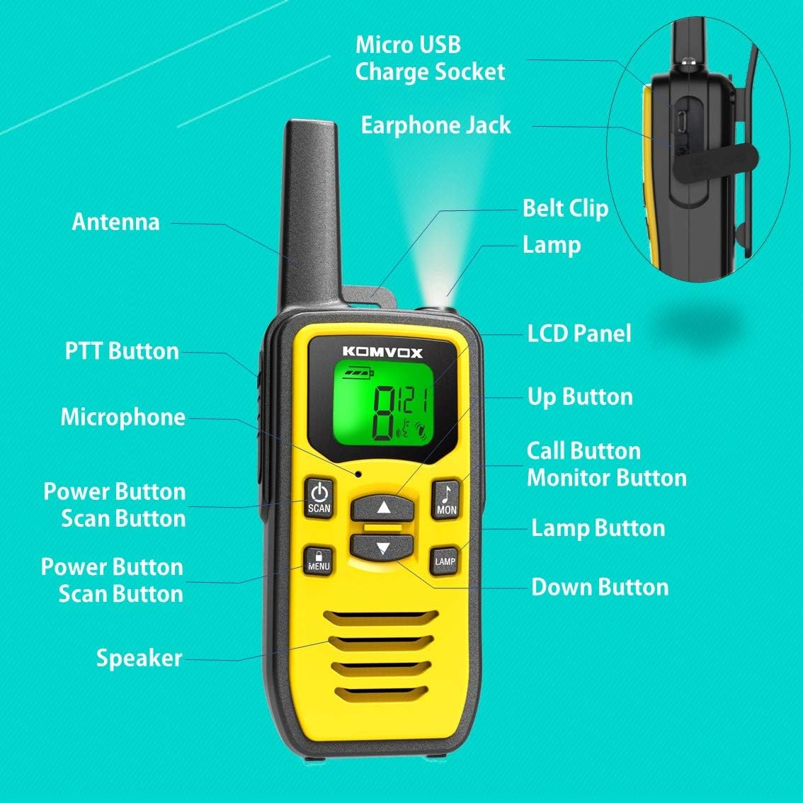 Walkie Talkies Rechargeable, KOMVOX Walkie Talkie for Adults Long Range, Two Way Radio Walky Talky for Adults