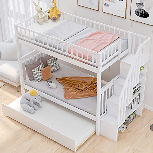 Harper & Bright Designs Bunk Beds Twin Over Full Size, Bunk Bed with Trundle,Storage Shelf and Stairway
