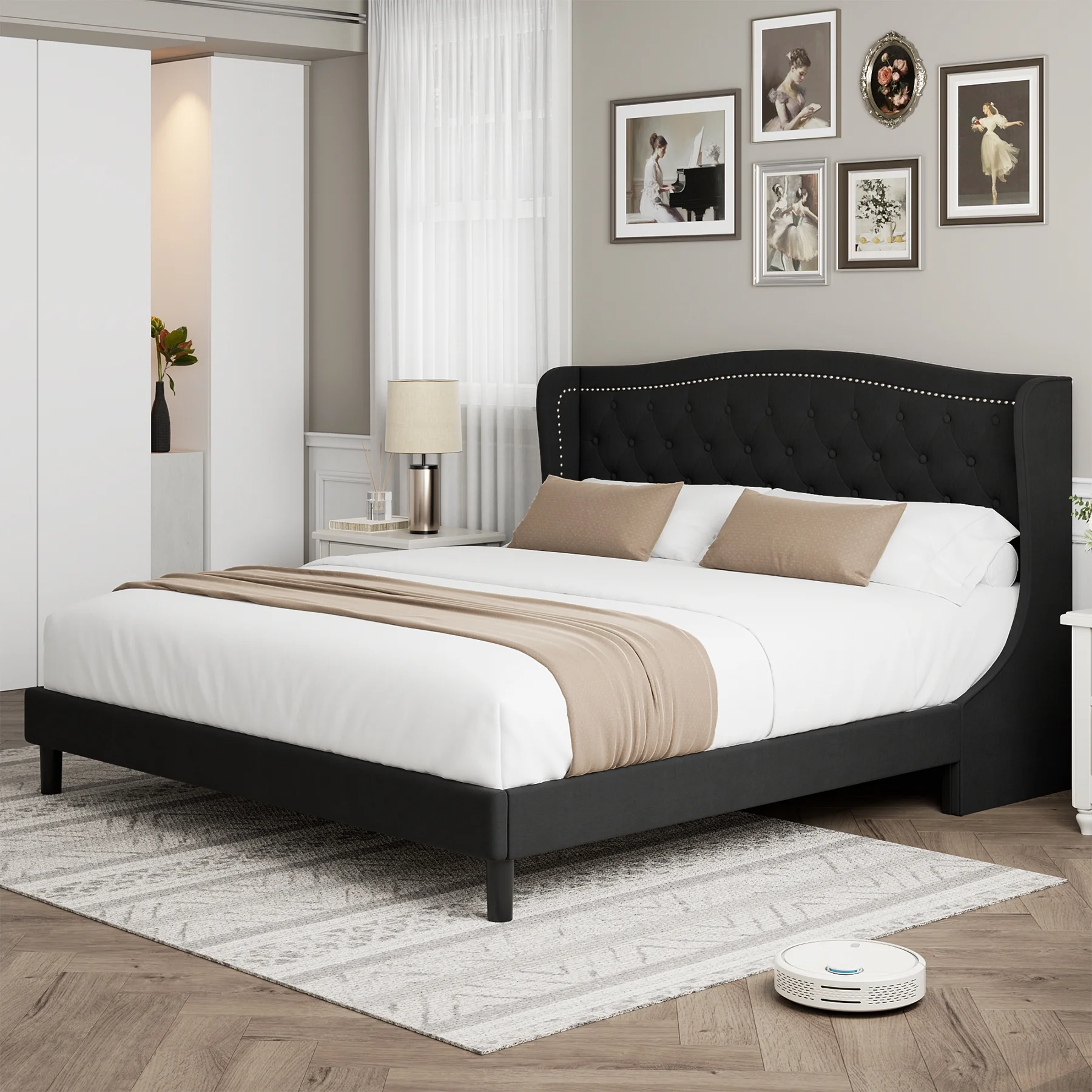 Homfa Full Bed Frame, Wing-Back Button Tufted Upholstered Headboard, Modern Platform Bed Frame with Wood Slat Support for Bedroom, Black
