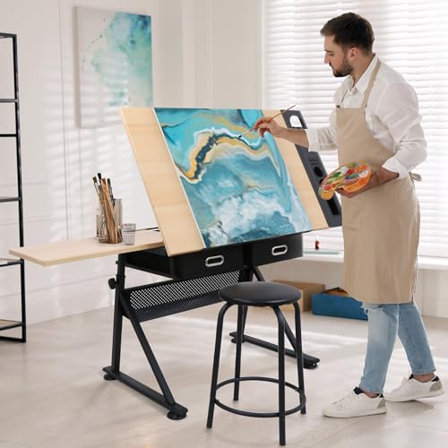 Drafting Table Art Desk, Height Adjustable Drawing Table Tilting Tabletop Work Station with Stool and Storage Drawer for Home, Office, Writing, Black