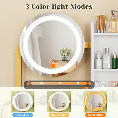 Vanity Desk with Mirror and Lights, Makeup Vanity with Power Outlet & 3 Lighting Modes, White Vanity with Chair & Drawers