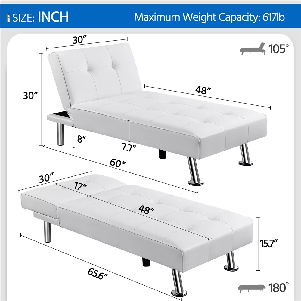 Yaheetech Faux Leather Chaise Lounge Convertible Futon Daybed With Chrome Metal Legs, White