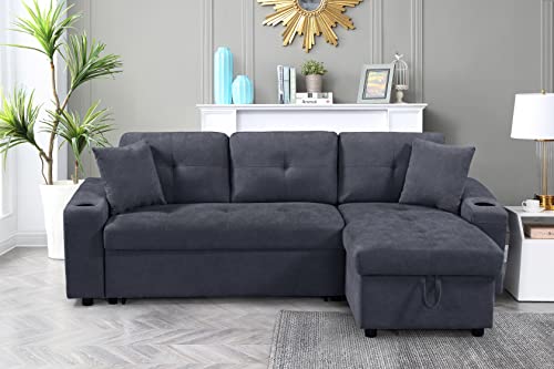 Sectional Sofa Sleeper with Pull Out Bed and Reversible Chaise Lounge, Modern L-Shaped 3-Seat Couch SofaBed with Cupholders