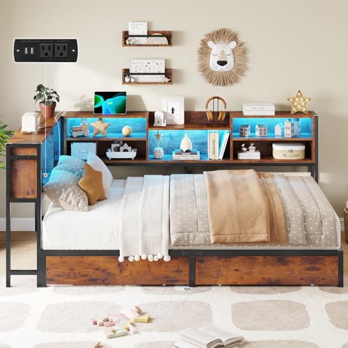 DICTAC Corner Twin Bed Frame with Bookcase Storage and Led Lights Metal Twin Size Platform Beds with Storage and Charging Station Twin Daybed with 2