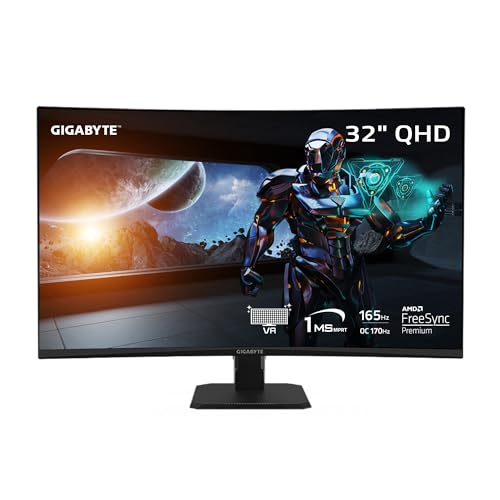 GIGABYTE GS32QC 31.5" 165Hz 1440P Curved Gaming Monitor, 2560x1440 VA 1500R Display, 1ms (MPRT) Response Time, HDR Ready, 1x Display Port 1.4