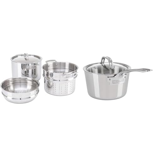 Viking Culinary 3-Ply Stainless Steel Pasta Pot, 8 Quart, Includes Pasta & Steamer Insert, Dishwasher, Oven Safe