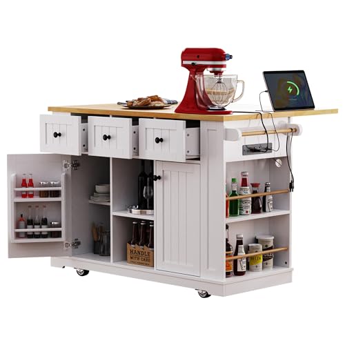 Farmhouse Kitchen Island with Power Outlet, Drop Leaf, Spice Rack and Drawer,Rolling Kitchen Cart on Wheels