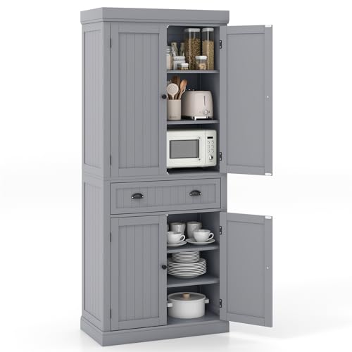 Tangkula 72" H Kitchen Pantry Cupboard Cabinet, Traditional Freestanding Large Tall Storage Cabinet with 2 Cabinets and Drawer, Adjustable Shelves