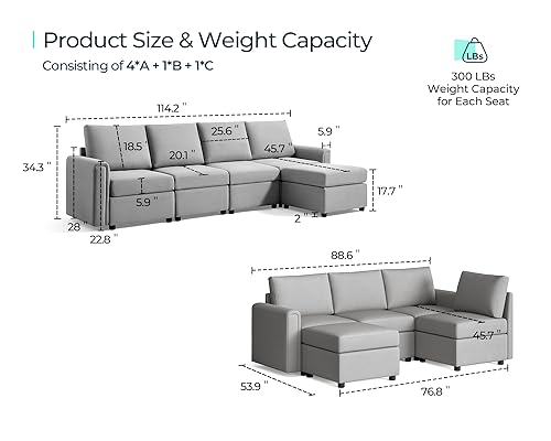 LINSY HOME Modular Sectional Sofa, Convertible U Shaped Sofa Couch with Storage, Memory Foam, Modular Sectionals with Ottomans