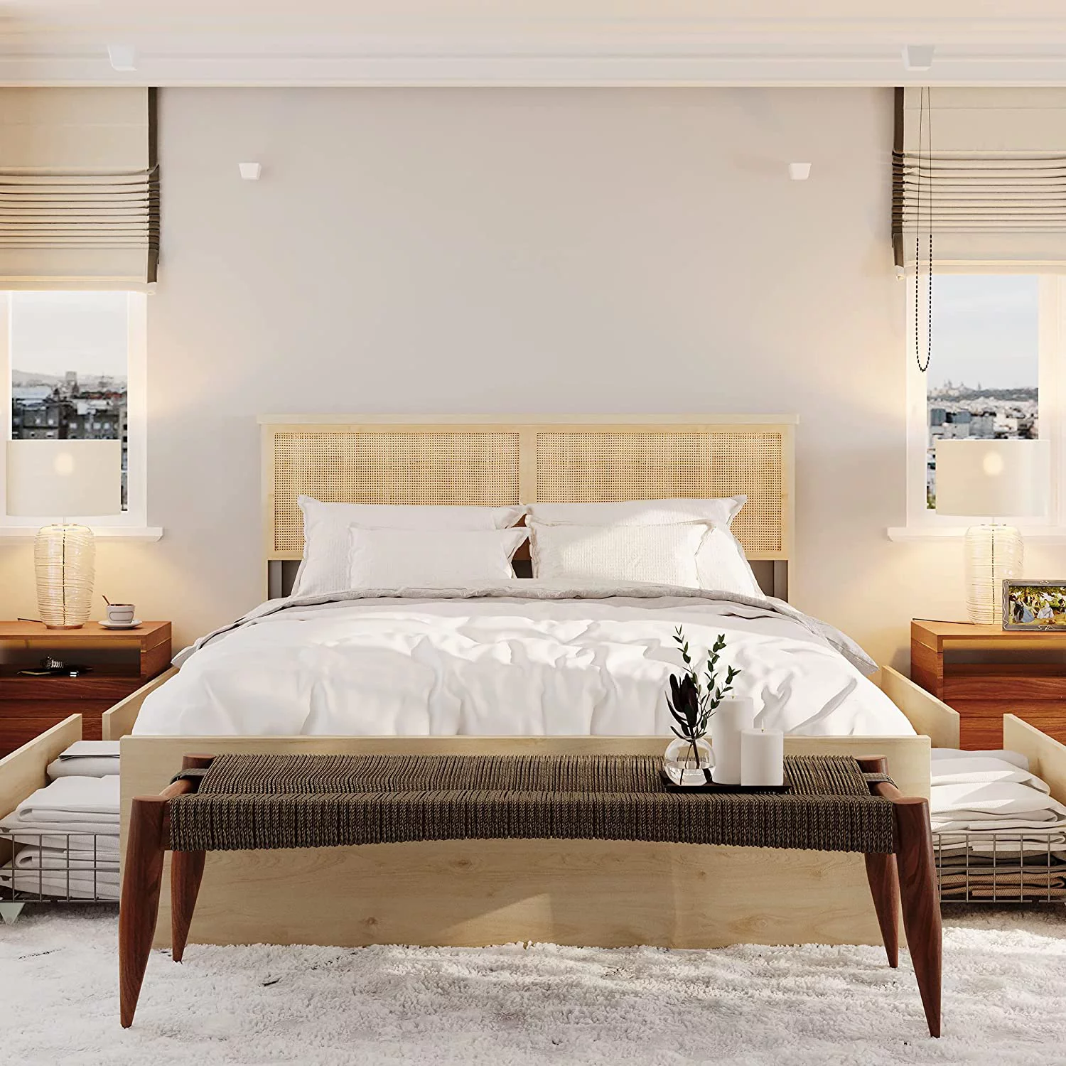 Brafab Natural Rattan Queen Bed Frame with Wooden Headboard and 4 Storage Drawers