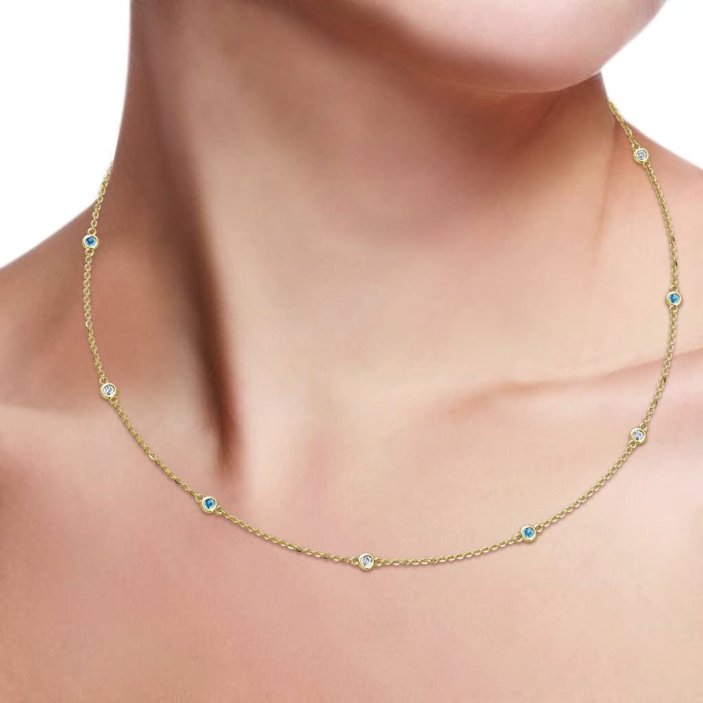 Petite London Blue Topaz & Diamond by Yard 11 Stations Necklace 0.35cttw 14K Yellow Gold.18 Inches Length