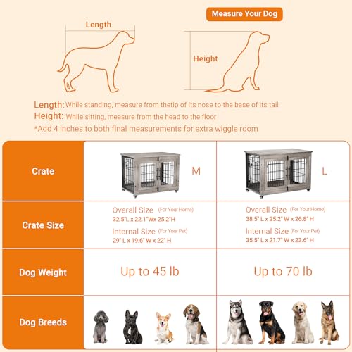 Lulive Dog Crate Furniture for Medium Dogs, 32'' Dog Kennel Indoor with Cushion & Wheels Wooden Dog Cage Double Doors Dog Crate End Table, Grey