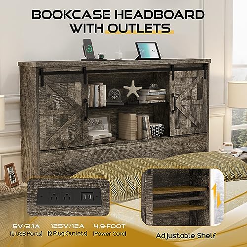 HOWE King Size Bed Frame, Wood Platform Bed Frame with 51.2" Bookcase Headboard, Storage Bed with Sliding Barn Door Charging Station 2 Drawers