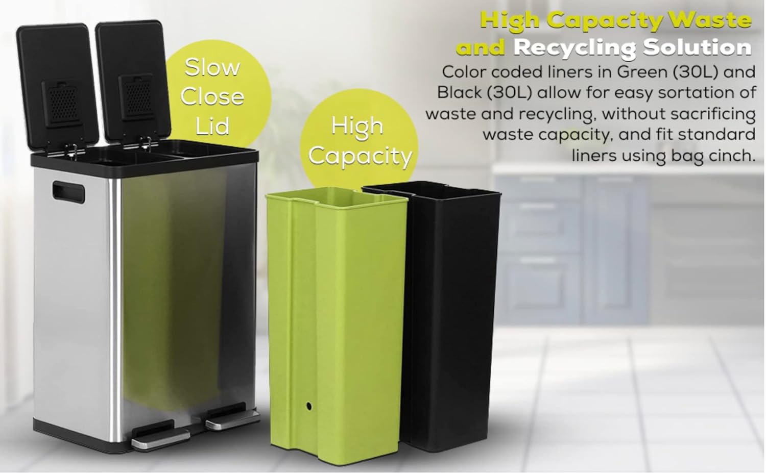 SIMPLI-MAGIC 60 Liter / 16 Gallon Rectangular Hands-Free Dual Compartment Recycling Kitchen Step Trash Can with Soft-Close Lid