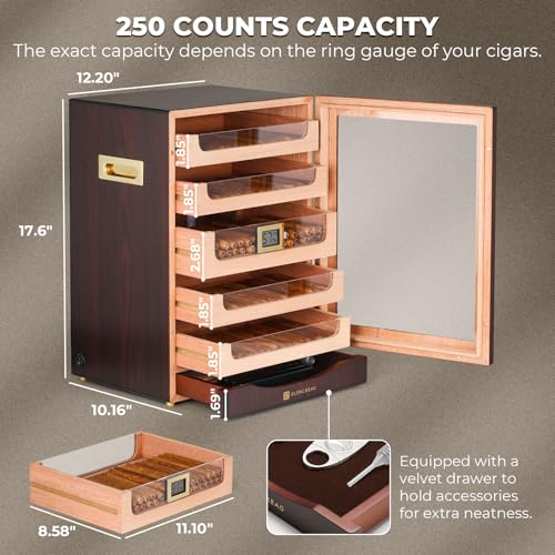 Cigar Humidor Cabinet with Automatic LED Light, Extra Large Size for 250 Cigars, Spanish Cedar Lining, Tight-Seal Magnetic Door