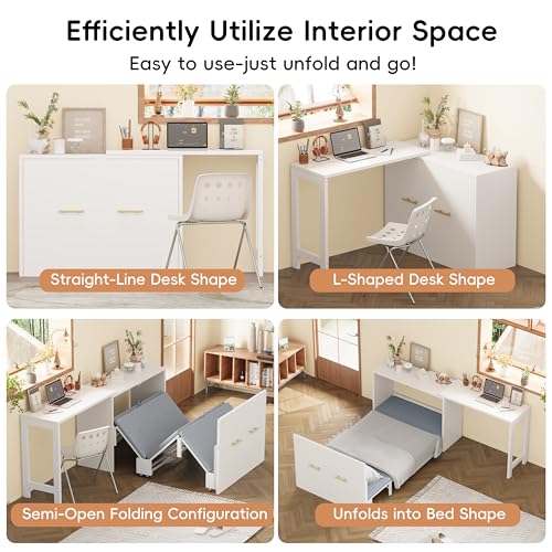 Twin Murphy Bed with Mattresses, Folding Cabinet Bed with Adjustable Position Desk