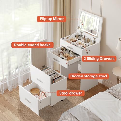 Compact Vanity with 3 Drawers, 3 in 1 Vanity Desk, Makeup Desk with Flip-up 3 Colors Lighting Mirror and Cushioned Stool