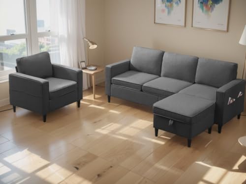 MUZZ 3PCS Living Room Sofa Set, Linen Upholstered Sofa Couch with Side Pockets & Movable Storage Ottoman, Free Combination Sofa Set Include Armchair