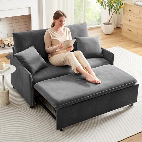 55" 3-in-1 Convertible Sleeper Sofa Bed with Adjustable Backrest - Soft Chenille Futon Couch for Living Room, Office & Apartment, Beige