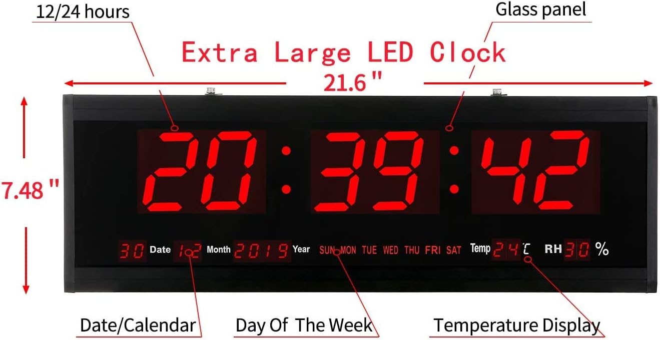 18.9 Inch Oversized LED Digital Wall Clock Large Display with Indoor Temperature Date and Day of Week