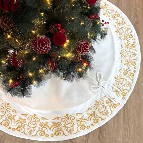 72-Inch Victorian Velvet Christmas Tree Skirt with Gold Damask Embroidery and Plush Lace Ties, Burgundy