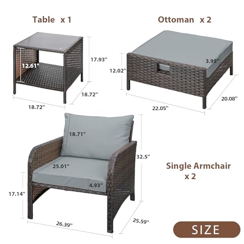 LEVELEVE Balcony Furniture 5 Piece Patio Conversation Set, PE Wicker Rattan Outdoor Lounge Chairs with Soft Cushions 2 Ottoman&Glass Table for Porch