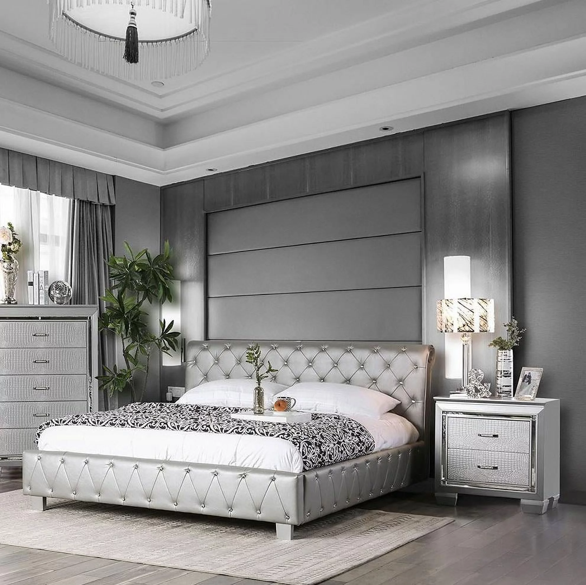 Contemporary Silver Solid Wood King Bedroom Set 3pcs FOA CM7056SV-EK Juilliard