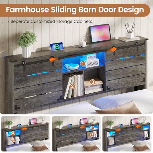 VIAGDO Wooden Bed Frame Queen Size with Bookcase Headboard and Sliding Barn Door, Farmhouse Queen Bed Frame with Charging Station