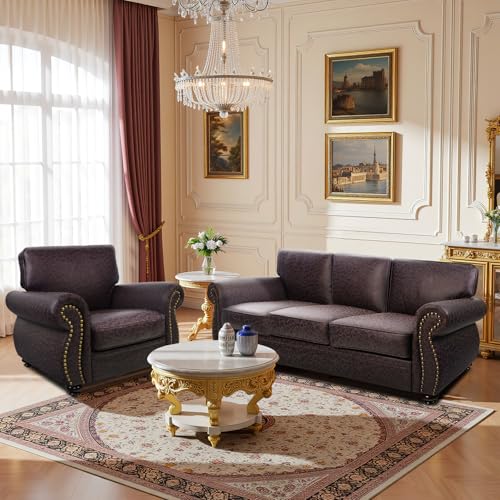 Mid-Century Vintage Sofa Couches with Rivet Design,3-Seater Sofa,Removable Sofa Cover Upholstered Cushions and Solid Wood Frame (Brown, 3-Seater)