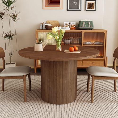 47 inch Round Dining Table for 4, Kitchen Table Dinner Table with 2-Layer Storage Shelf and Wood Slide Door for Home Dining Room Living Room (Walnut)