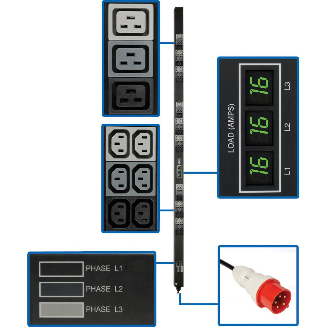 Tripp Lite PDU 3-Phase Metered 240v-230v-220v 11.5kW C13 C19 Vertical 0URM - PDU3XMV6G20