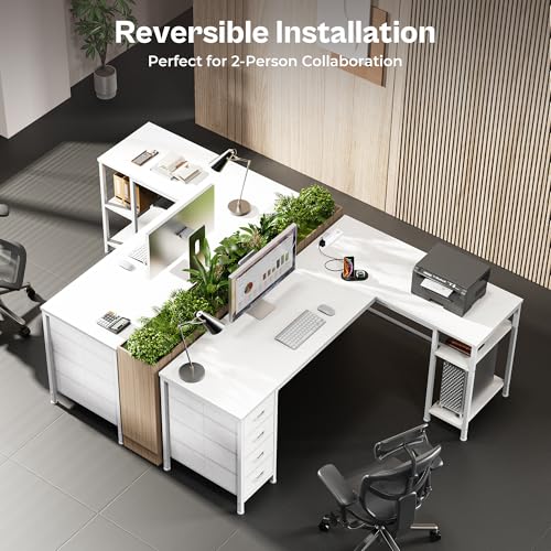 Huuger 63 Inch L Shaped Desk with Fabric Drawers, Reversible Computer Gaming Desk with Power Outlets and USB-C Port, Adjustable Side Storage Shelves