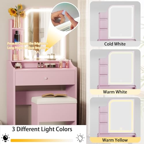 LIKIMIO Small Makeup Vanity Desk with Mirror and Lights, Vanity Table Set with Storage Drawer, Chair and Three Shelves, Bedroom, White