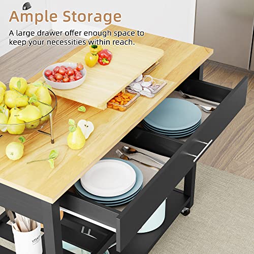 Shintenchi Rolling Kitchen Island Cart with Folding Drop Leaf Breakfast Bar, Portable Trolley Island with Large Storage Cabinet, Shelf and Drawer