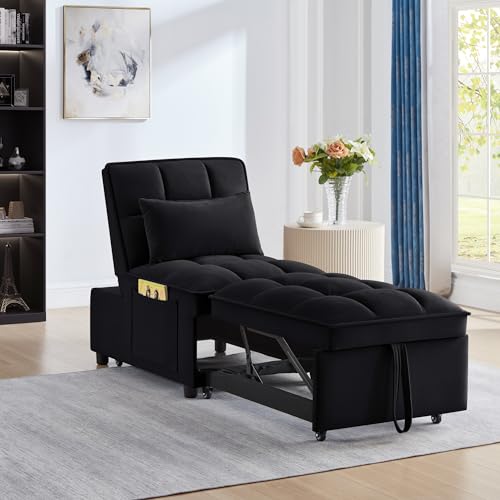 4 in 1 Multi-Function Single Sofa Bed, Pull Out Couch with Adjust Backrest, Tufted Single Pull-out Sofa Bed with Storage Pockets and 2 Pillows
