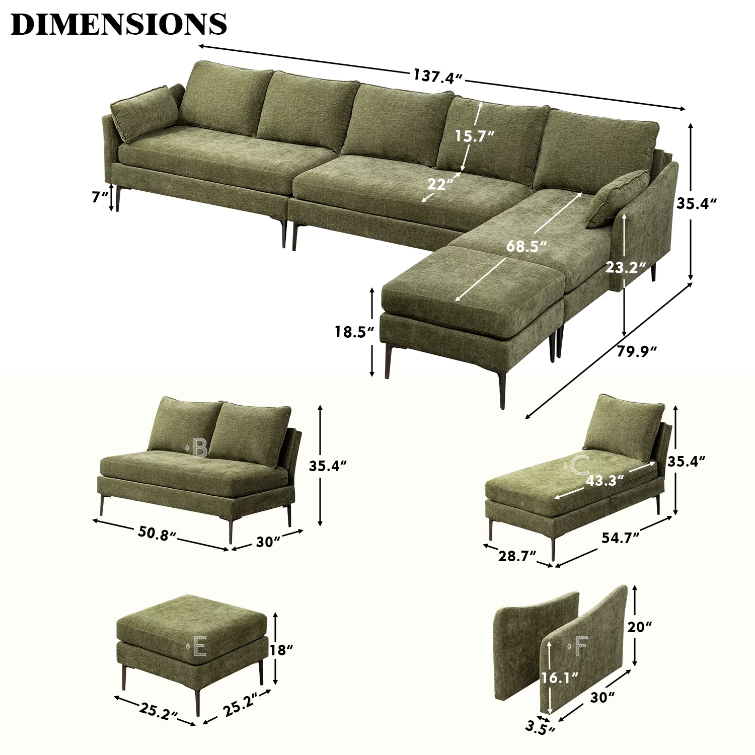 Mellcom L Shaped Sectional Sofa Chenille Convertible Sectional Couch with Chaise Lounge and Ottman for Living Room,Green