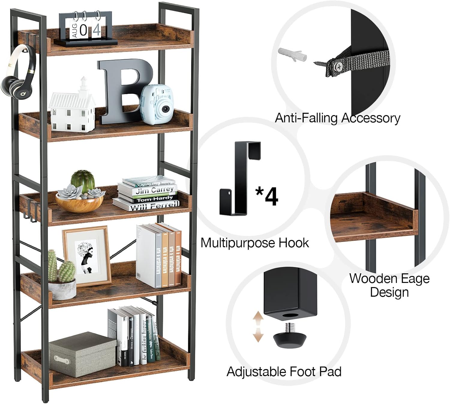Rolanstar 5 Tier Bookshelf, Industrial Wood Bookcase with 4 Hooks, Vintage Storage Rack with Open Shelves