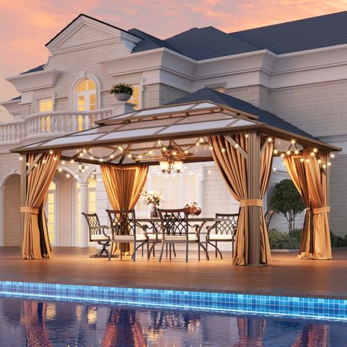 Aoxun 12'x16' Hardtop Gazebo, Aluminum Frame Permanent Pavilion with Netting and Curtains, Outdoor Polycarbonate Double Roof Canopy