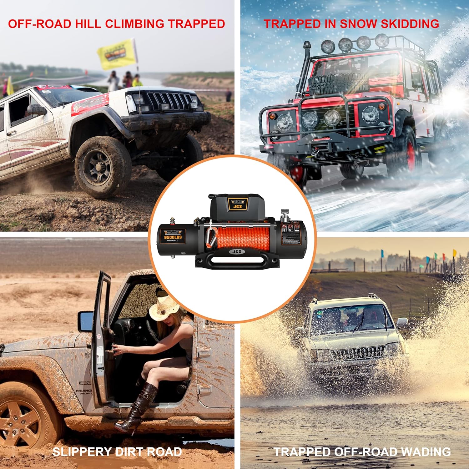 JCS 9500 lbs Electric Winch 12V Winch Synthetic Winch Rope Electric Winch Kit Winch Cover Waterproof Hawse Fairlead